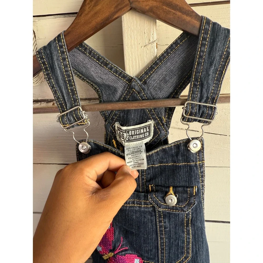 Route 66 Girls Denim Jumper Dress Dark Wash Butterfly Heart Embroidered Size 7/8